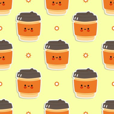 Komik, mutlu, kahve kağıdı desenli karakterler. Vector kawaii çizgi film stili çizimi. Mutlu şirin kahve kağıdı desenleri