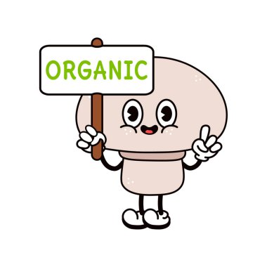 Üzerinde organik yazılar olan şirin, komik bir mantar. Vektör el geleneksel çizgi film klasiği, retro, kawaii karakter çizimi ikonu çizdi. İzole edilmiş beyaz arka plan. Mantar karakteri