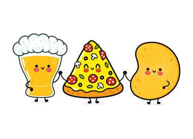 Sevimli, neşeli bir bardak bira, pizza ve patates kızartması. Vektör el çizimi çizgi film kawaii karakterleri, illüstrasyon simgesi. Komik bir bardak bira, pizza ve patates kızartması maskot arkadaşlar konsepti.