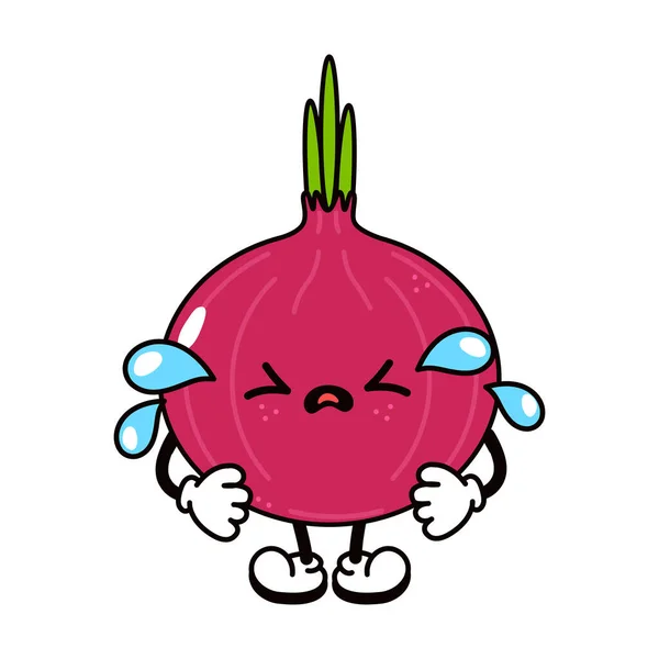 Cute Funny Crying Sad Red Onion Character Vector Hand Drawn — Vettoriale Stock