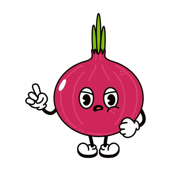 Cute Angry Sad Red Onion Character Vector Hand Drawn Traditional — Stok Vektör