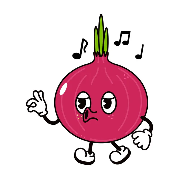 Cute Funny Red Onion Walking Singing Character Vector Hand Drawn - Stok Vektor