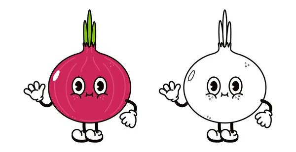 Cute Funny Onion Waving Hand Character Outline Cartoon Illustration Coloring — Vector de stock