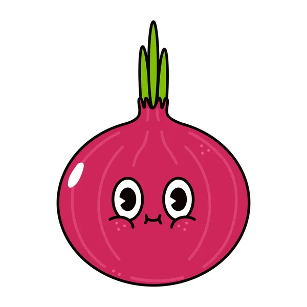 Cute Funny Red Onion Character Vector Hand Drawn Traditional Cartoon - Stok Vektor