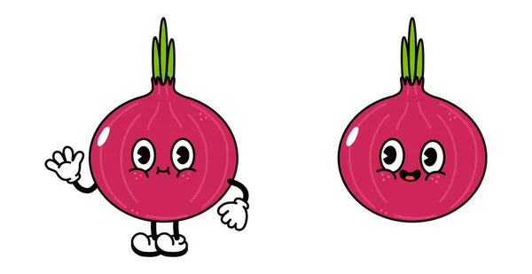 Cute Funny Red Onion Waving Hand Character Vector Hand Drawn — Stockový vektor