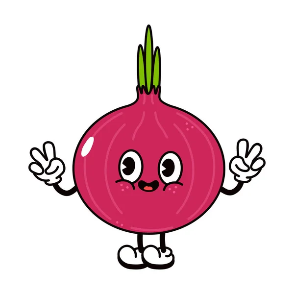 Cute Funny Red Onion Waving Hand Character Vector Hand Drawn — Vetor de Stock