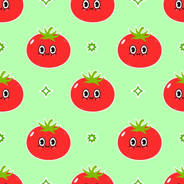 Cute Funny Tomato Green Pattern Character Vector Hand Drawn Traditional — Διανυσματικό Αρχείο