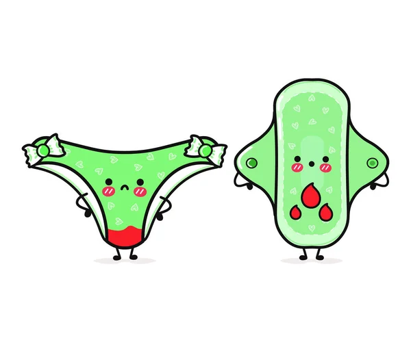 有趣的快乐绿色内裤和月经用血垫 矢量手绘卡通人物 插图图标 有趣的卡通片绿色内裤和月经版吉祥物朋友 — 图库矢量图片