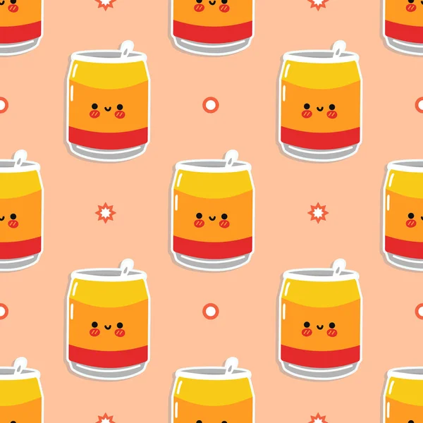 Funny Cute Happy Can Soda Pattern Characters Vector Kawaii Line — Stockvektor