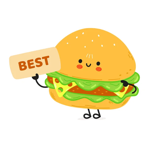 Cute Funny Hamburger Poster Best Character Vector Hand Drawn Cartoon — Διανυσματικό Αρχείο