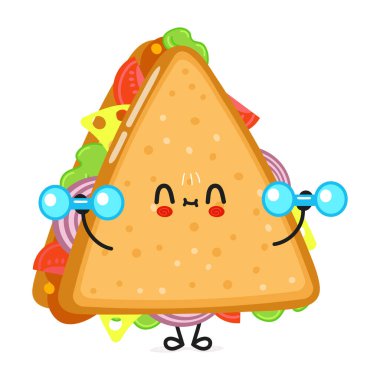 Dambılı sevimli komik sandviç karakteri. Vektör el çizimi çizgi film kawaii karakter çizimi simgesi. Beyaz arka planda izole edilmiş. Mutlu sandviç karakteri konsepti