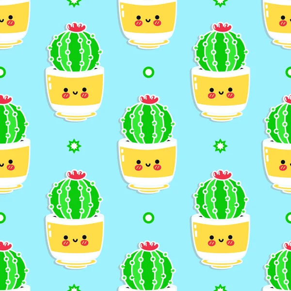 Funny Cute Happy Cactus Seamless Pattern Characters Vector Kawaii Line — 图库矢量图片