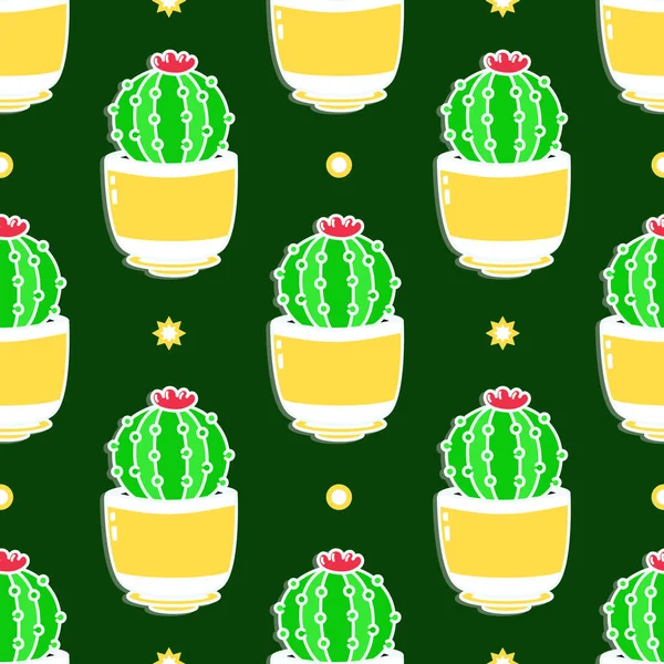 Funny Cute Happy Cactus Seamless Pattern Characters Vector Kawaii Line — ストックベクタ