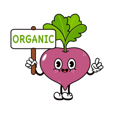 Üzerinde organik yazılar olan şirin turp. Vektör el geleneksel çizgi film klasiği, retro, kawaii karakter çizimi ikonu çizdi. İzole edilmiş beyaz arka plan. Turp karakteri