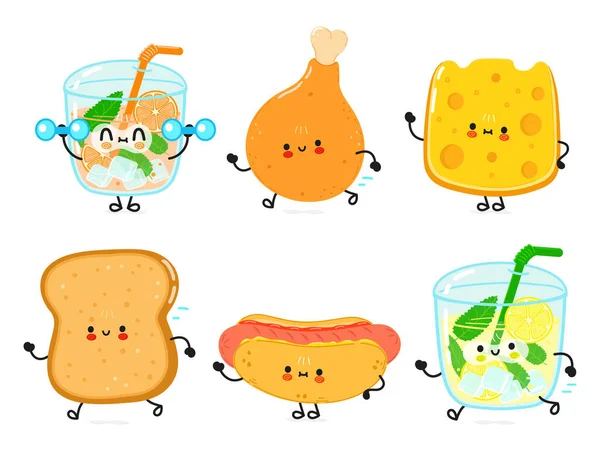 Funny Happy Fast Food Characters Set Vector Hand Drawn Cartoon — Stock Vector