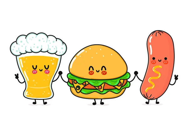 Cute Funny Happy Glass Beer Hamburger Sausage Mustard Vector Hand — Stock vektor