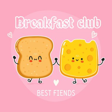 Cute happy toast and cheese card. Vector hand drawn doodle style cartoon character illustration icon design. Happy bread and cheese friends concept card