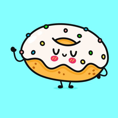 Tatlı, komik, el sallayan çörek. Vektör el çizimi çizgi film kawaii karakter çizimi simgesi. Beyaz arka planda izole edilmiş. Çörek karakteri kavramı