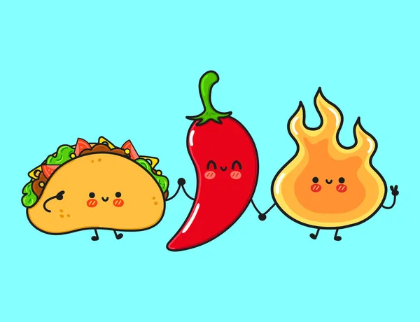 Niedlich Lustig Glücklich Feuer Chilischote Und Tacos Vektor Handgezeichnete Kawaii — Stockvektor
