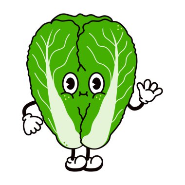 Sevimli, komik, el sallayan Çin lahanası karakteri. Vektör el geleneksel çizgi film klasiği, retro, kawaii karakter çizimi ikonu çizdi. Beyaz arka planda izole edilmiş. lahana karakteri kavramı