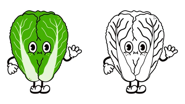 Cute Funny Chinese Cabbage Waving Hand Character Outline Cartoon Illustration — Stockvektor