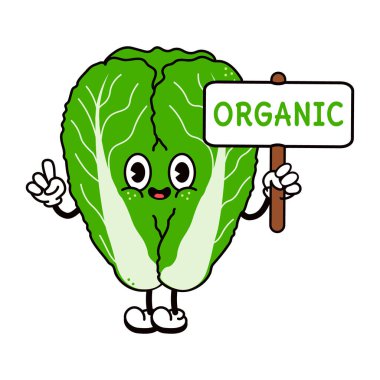 Üzerinde organik karakter yazan sevimli, komik bir Çin lahanası. Vektör el geleneksel çizgi film klasik, retro, kawaii karakter çizimi çizdi. İzole edilmiş beyaz arka plan. Lahana karakteri