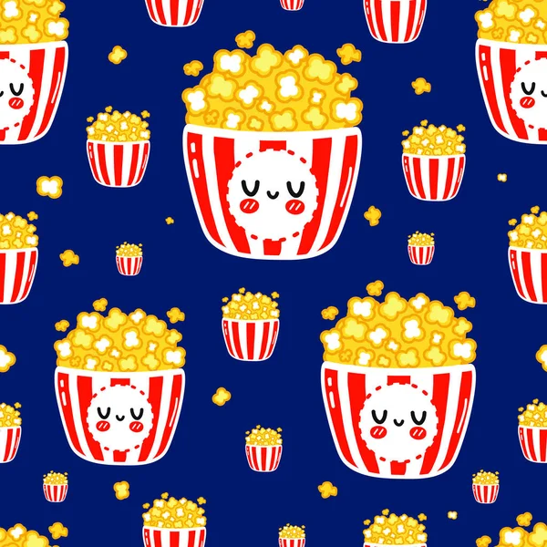 Zabawny Ładny Szczęśliwy Popcorn Bezszwowy Wzór Znaków Wektor Kawaii Linii — Wektor stockowy