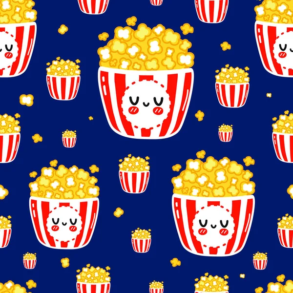 Funny Cute Happy Popcorn Seamless Pattern Characters Vector Kawaii Line — Stock Vector