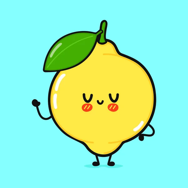 Cute Funny Lemon Waving Hand Vector Hand Drawn Cartoon Kawaii — Vetor de Stock