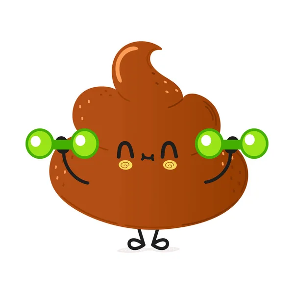 Cute Funny Poop Character Dumbbells Vector Hand Drawn Cartoon Kawaii — Vettoriale Stock