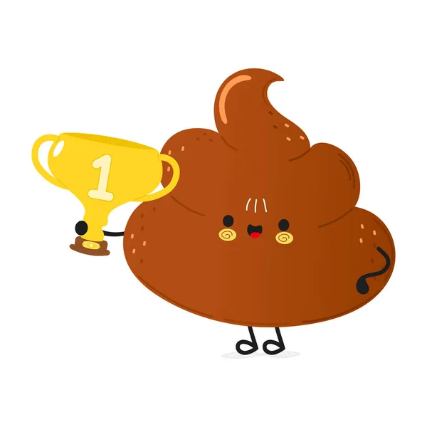 Niedlichen Lustigen Poop Halten Gold Trophäe Cup Vector Handgezeichnete Karikatur — Stockvektor