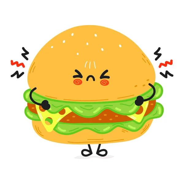 Cute Angry Hamburger Character Vector Hand Drawn Cartoon Kawaii Character — Stok Vektör