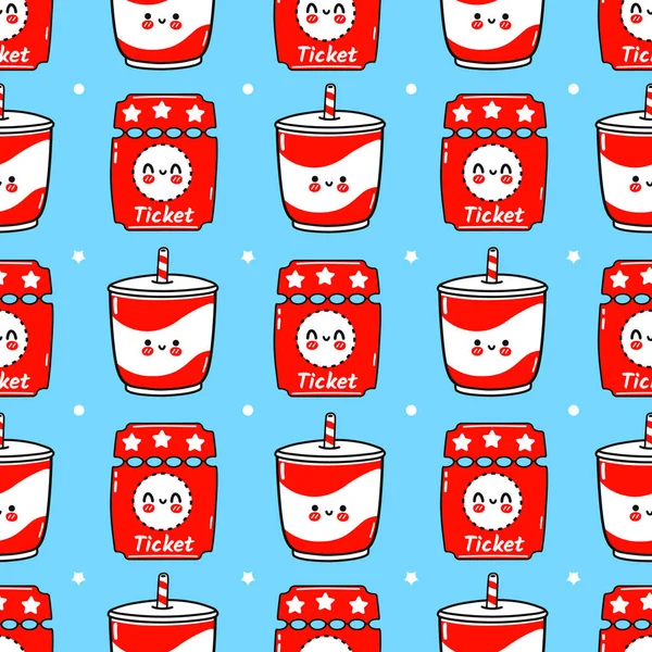 Funny Cute Happy Ticket Cold Drink Seamless Pattern Characters Vector — ストックベクタ