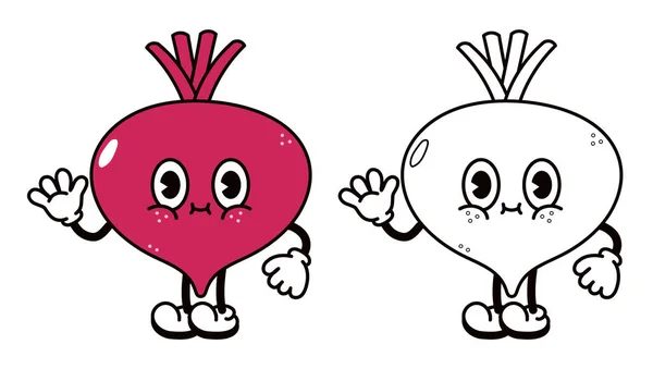 Cute Funny Beet Waving Hand Character Outline Cartoon Illustration Coloring —  Vetores de Stock