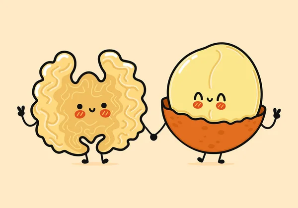 Cute Funny Happy Walnut Macadamia Character Vector Hand Drawn Cartoon — Image vectorielle
