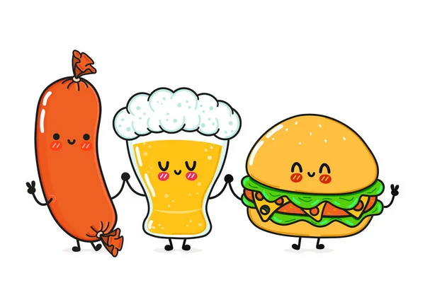 Cute Funny Happy Glass Beer Hamburger Sausage Vector Hand Drawn — Stock vektor