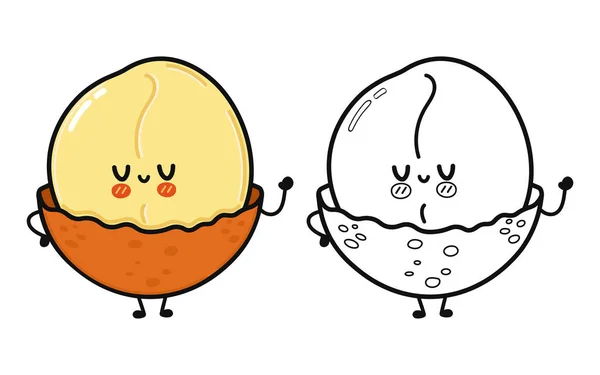 Cute Funny Macadamia Waving Hand Character Outline Cartoon Illustration Coloring — ストックベクタ