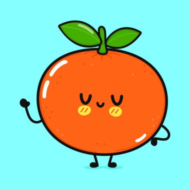 Sevimli, komik, el sallayan mandalina. Vektör el çizimi çizgi film kawaii karakter çizimi simgesi. Mavi arka planda izole edilmiş. Mandarin karakter konsepti