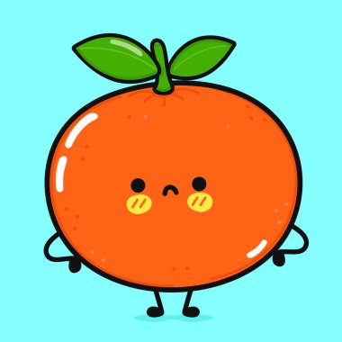 Sevimli kızgın mandarin karakteri. Vektör el çizimi çizgi film kawaii karakter çizimi simgesi. Mavi arka planda izole edilmiş. Üzücü karakter konsepti