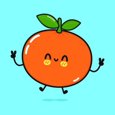 Hoş komik zıplama mandalinası. Vektör el çizimi çizgi film kawaii karakter çizimi simgesi. Mavi arka planda izole edilmiş. Mandarin konsepti