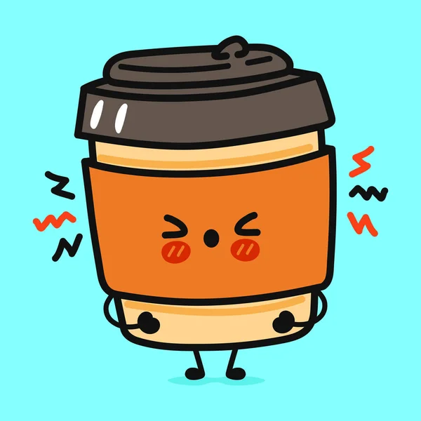 Cute Sad Coffee Character Vector Hand Drawn Cartoon Kawaii Character — Vetor de Stock