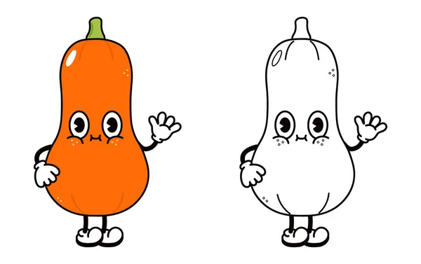 Cute Funny Pumpkin Waving Hand Character Outline Cartoon Illustration Coloring — Stock vektor