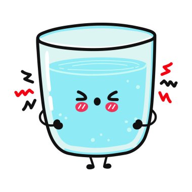 Cute sad glass of water character. Vector hand drawn cartoon kawaii character illustration icon. Isolated on white background. Angry cute glass of water character concept
