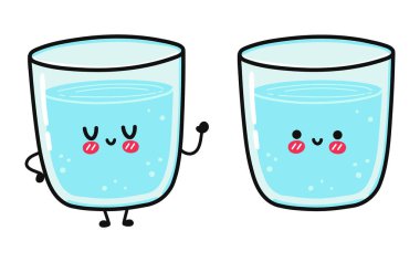 Tatlı bir bardak su karakteri. Vektör el çizimi çizgi film kawaii karakter çizimi simgesi. Beyaz arka planda izole edilmiş. Mutlu su karakteri konsepti.