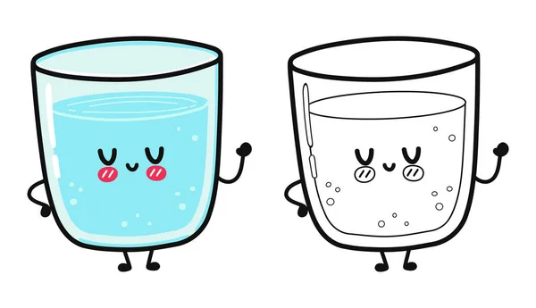 Mignon Verre Drôle Illustration Dessin Animé Contour Personnage Eau Pour — Image vectorielle