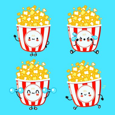 Funny cute happy popcorn characters bundle set. Vector hand drawn doodle style cartoon character illustration icon design. Cute happy popcorn mascot character collection