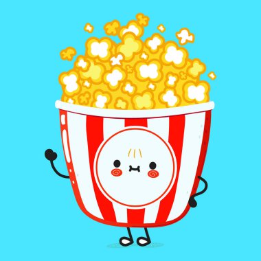 Cute funny popcorn waving hand character. Vector hand drawn cartoon kawaii character illustration icon. Isolated on blue background. Happy popcorn character concept