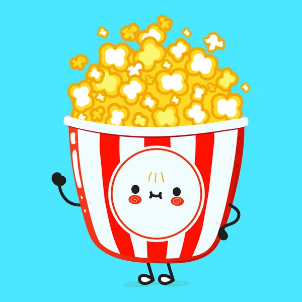 El sallayan sevimli komik patlamış mısır karakteri. Vektör el çizimi çizgi film kawaii karakter çizimi simgesi. Mavi arka planda izole edilmiş. Mutlu patlamış mısır karakteri konsepti