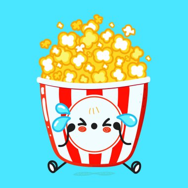 Cute sad popcorn character. Vector hand drawn cartoon kawaii character illustration icon. Isolated on blue background. Sad cute popcorn character concept