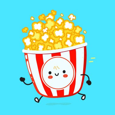 Cute funny running popcorn. Vector hand drawn cartoon kawaii character illustration icon. Isolated on blue background. Run happy popcorn concept